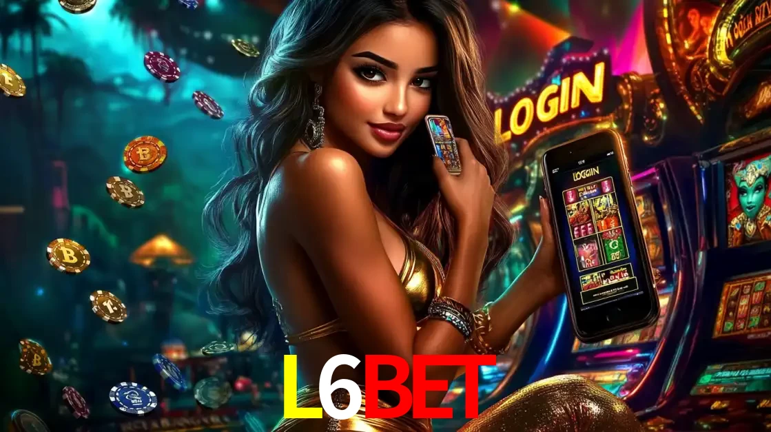 Mulher em um cenário de cassino temático de aventura, mostrando o app de caça-níqueis da L6BET no celular. Fichas de apostas flutuam ao redor.