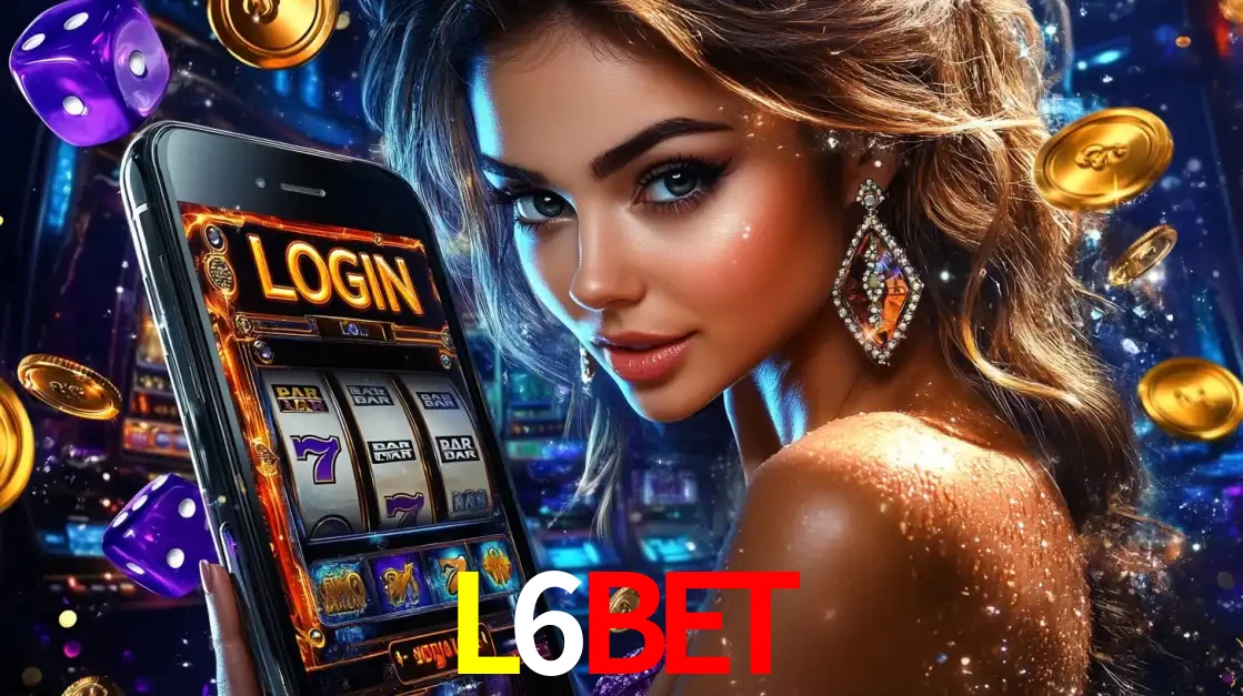 Mulher glamorosa segurando um smartphone com a tela de login para os jogos de caça-níqueis do cassino online L6BET, com moedas de ouro e dados ao redor.