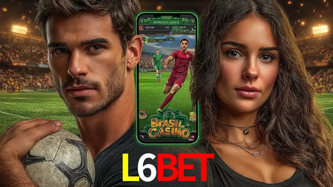 Homem segurando uma bola de futebol e uma mulher ao lado de um smartphone exibindo o jogo de apostas esportivas da L6BET. Faça seu palpite no cassino online.